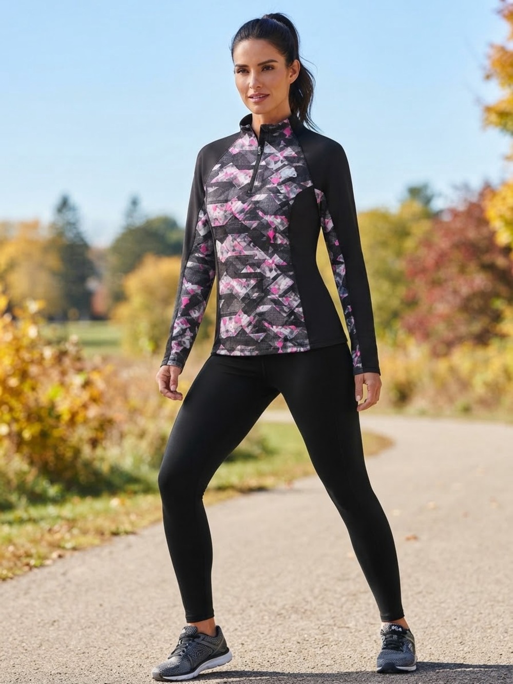 Fila Sport Women's 1/4 Zip Athletic Pullover Top - Black/Pink Geometric Print
